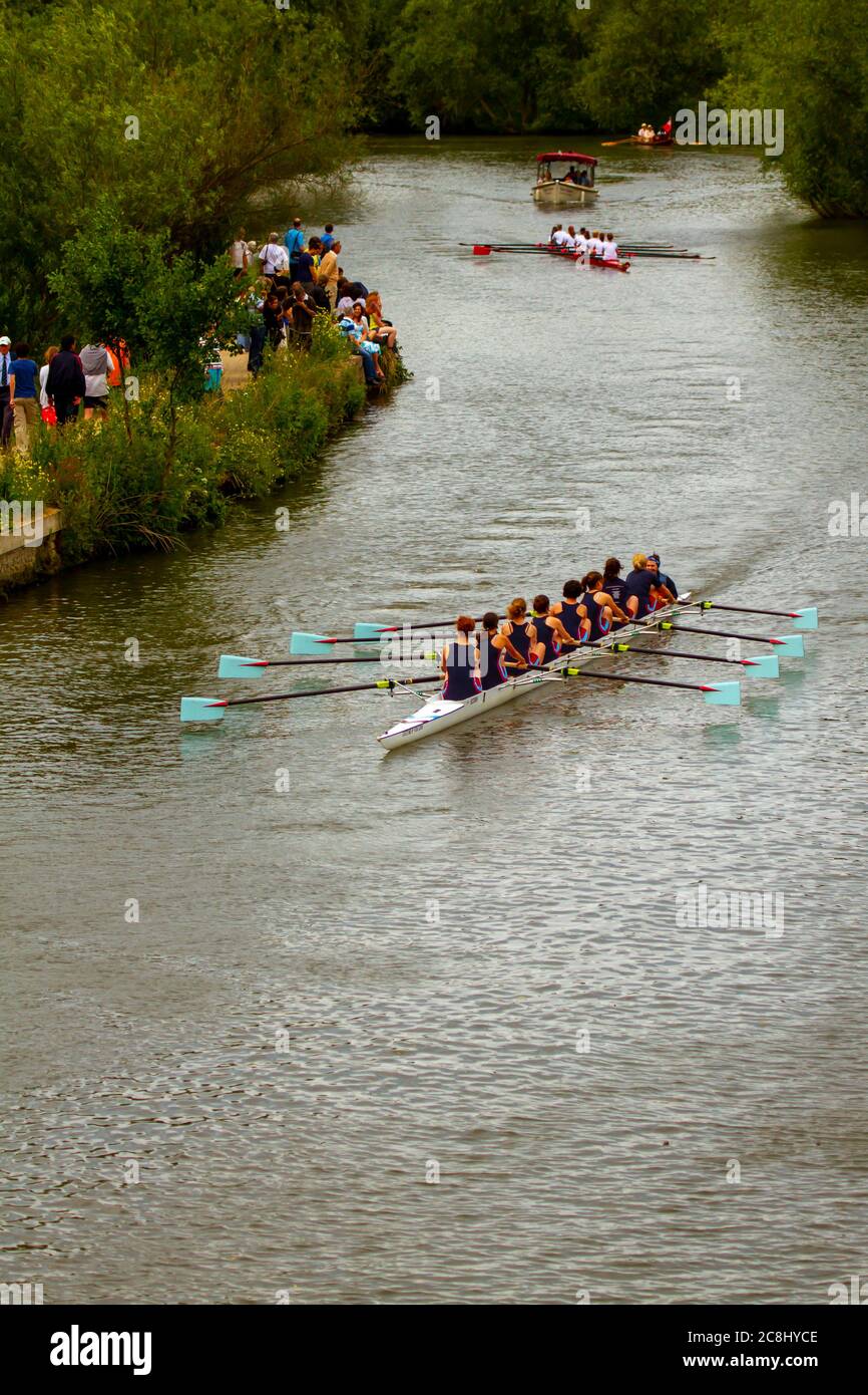 Oxford, UK 06/04/2011: Traditioneller jährlicher Sommer aights Ruderwettbewerb in Oxford. Teams von acht Reihen in langen Booten mit einem Coxswain in der Themse Stockfoto
