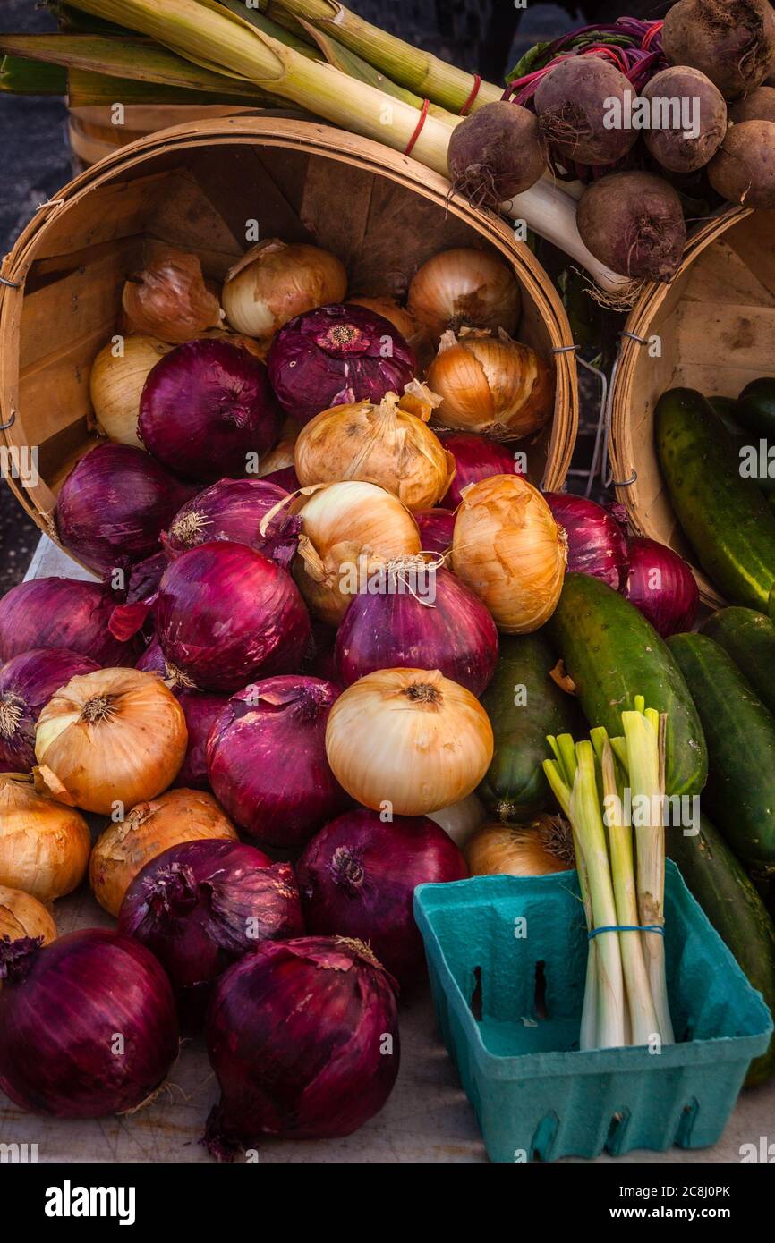 Zwiebeln zum Verkauf auf einem Bauernmarkt Stockfoto