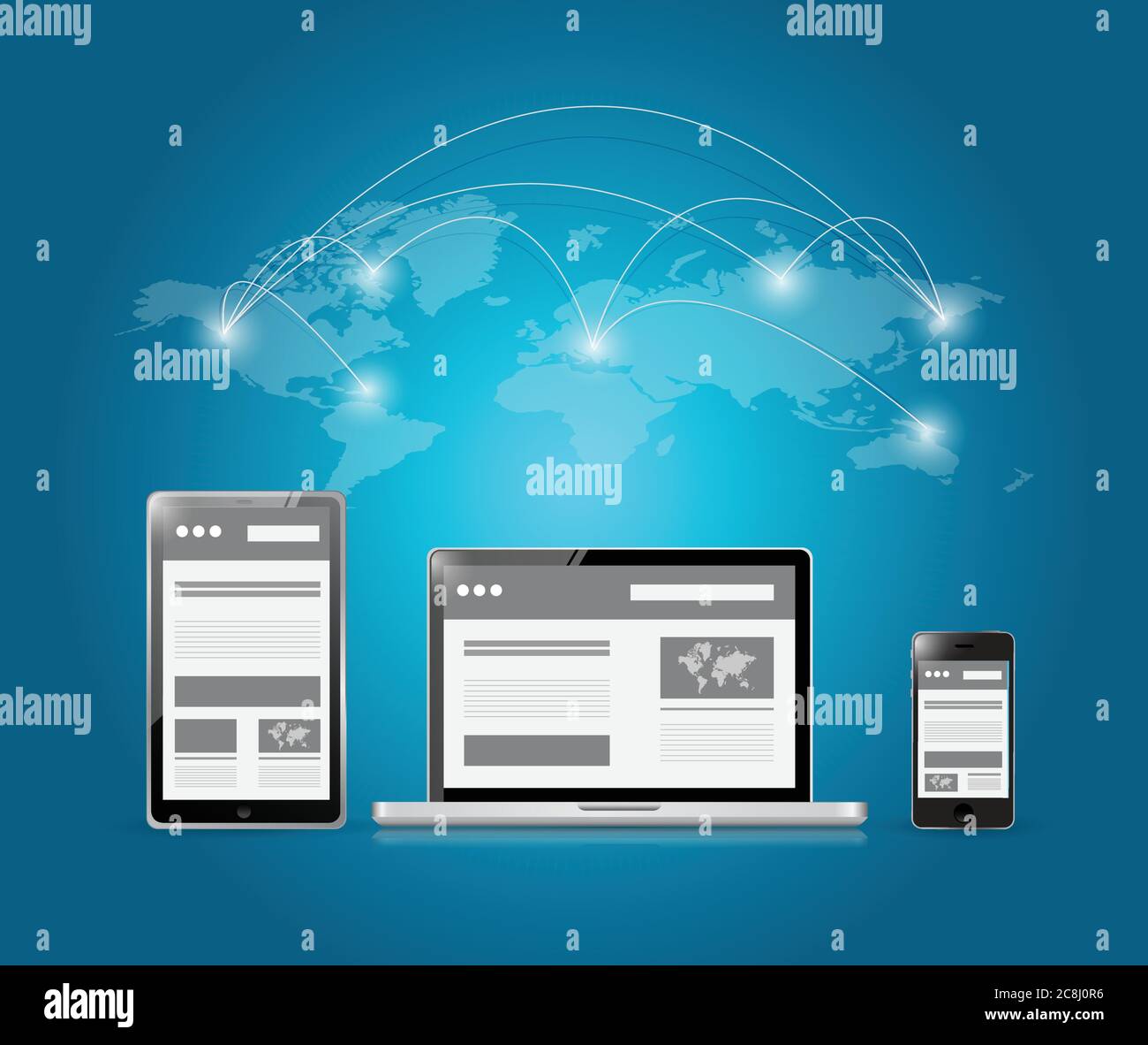 Web-Plattformen und World Connection Illustration Design auf einem blauen Hintergrund Stock Vektor