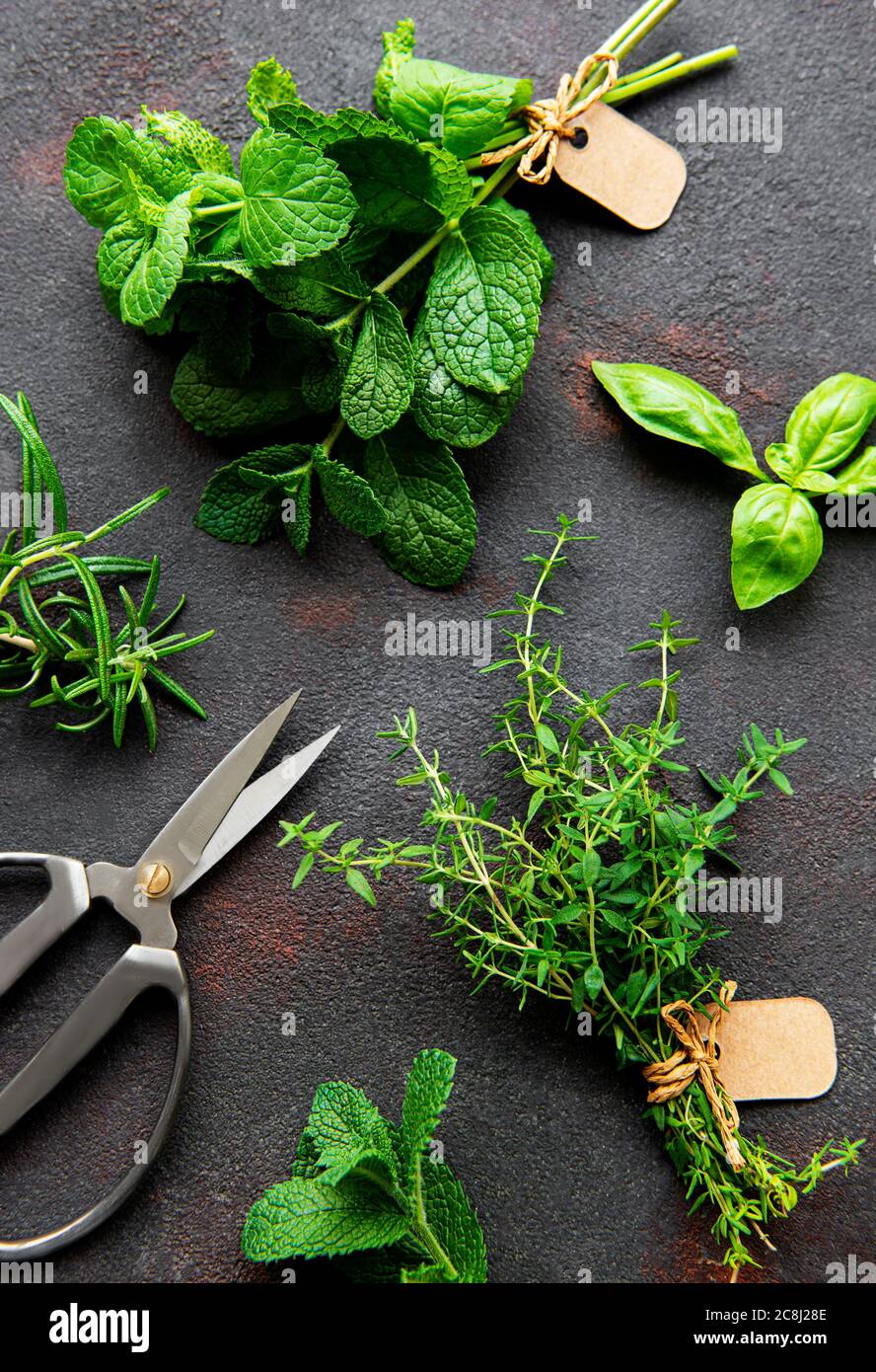 Frische Kräuter auf schwarzem Stein Hintergrund Stockfoto