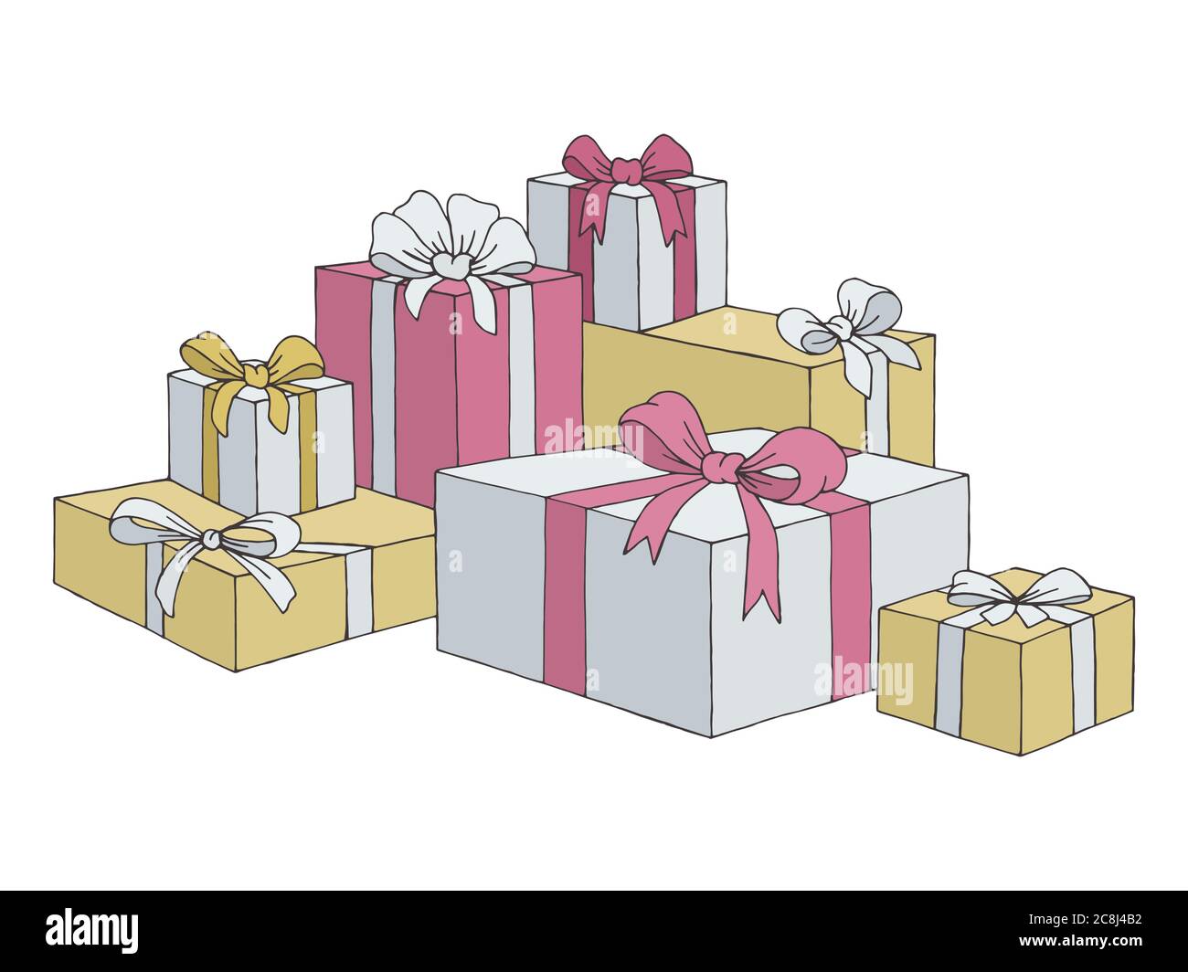 Bündel Geschenk-Box Geschenke mit Bögen grafische Farbe isoliert Skizze Illustration Vektor Stock Vektor