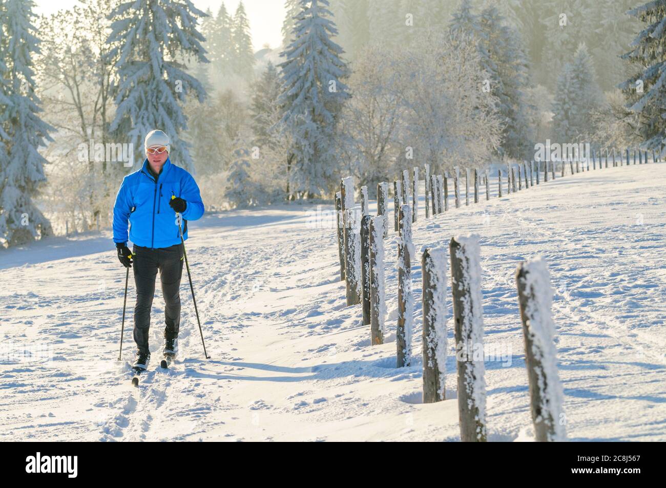 Entspannte Tour auf cc-Ski im klassischen Stil in winterlicher Natur Stockfoto