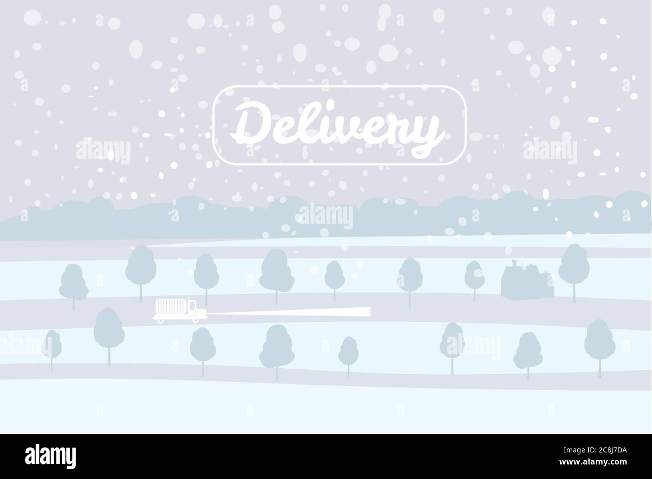 Lieferwagen fährt auf der schneebedeckten Straße, Konzept, schnelle und bequeme Lieferung von Fracht und Paketen. Transport von Produktwaren. Schnell Stock Vektor