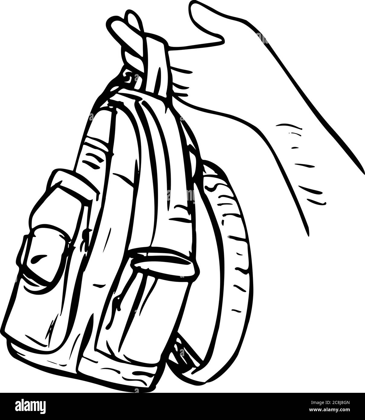 Scratchboard Stil Illustration einer Hand halten verschenken einen Rucksack, Rucksack, Tragetasche oder Tasche auf isolierten Hintergrund in Scrapboard schwarz getan Stock Vektor