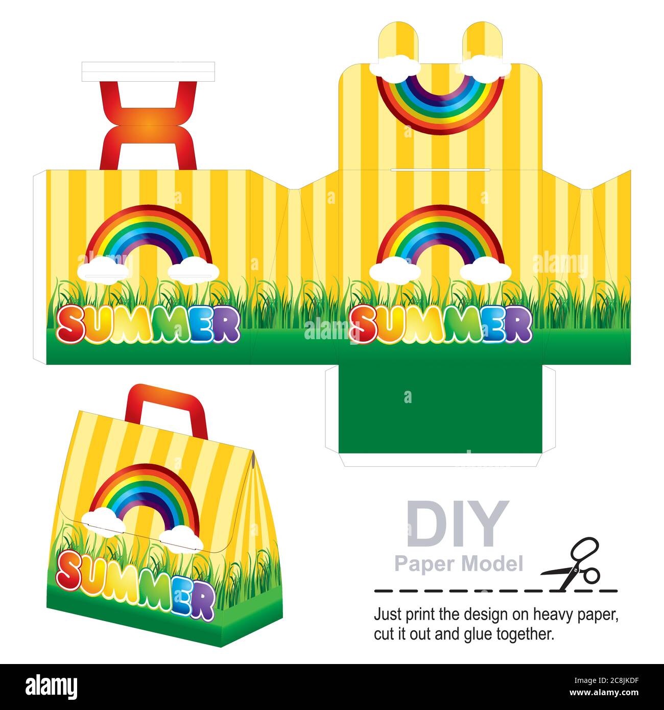 Retail Tasche oder Box mit die Cut Vorlage mit einem lustigen Bild von Sommer, Regenbogen, Spaß. Kinder Handtasche Spielzeug. Box-Design, Stanzen. Vektorvorlage Stock Vektor