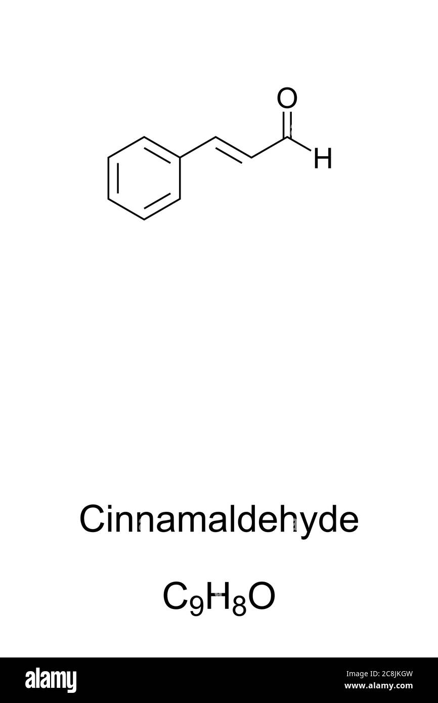 Cinnamaldehyd, chemische Struktur und Formel. Organische Verbindung, die Zimt seinen Geschmack und Geruch gibt. Das ätherische Öl der Zimtrinde. Stockfoto