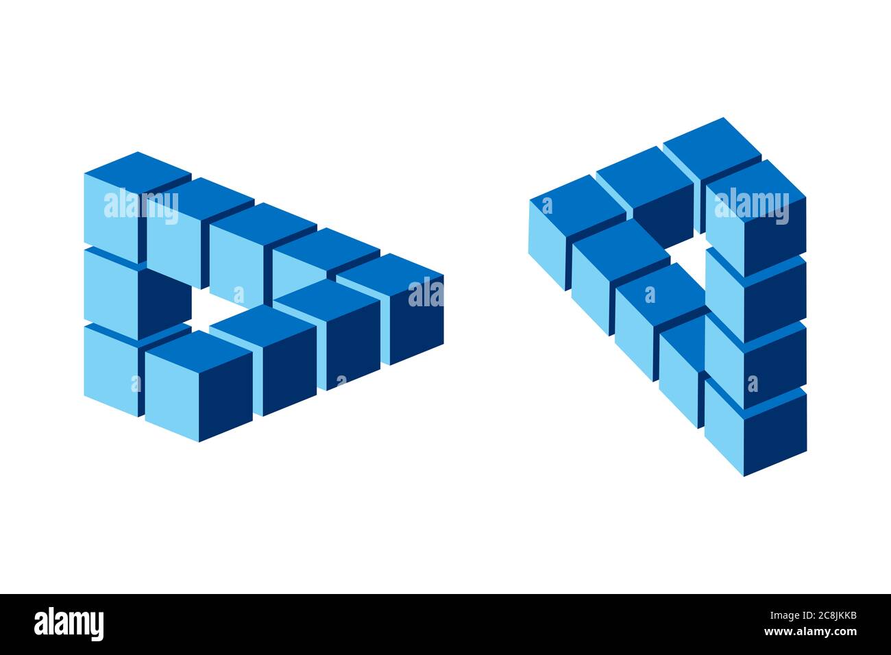 Zwei unmögliche Figuren, Reutersvard optische Illusionen, blau gefärbt. Erstellt nach dem Konzept eines Penrose-Dreiecks, dargestellt mit blauen Würfeln. Stockfoto