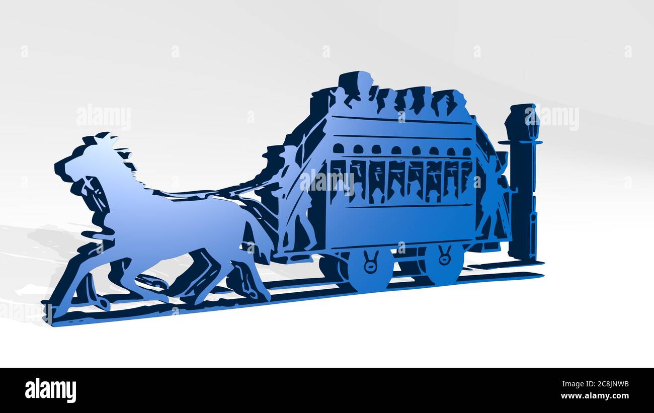 Wagenständer mit Schatten. 3D-Illustration von metallischen Skulptur auf einem weißen Hintergrund mit milder Textur. Zug und Editorial Stockfoto