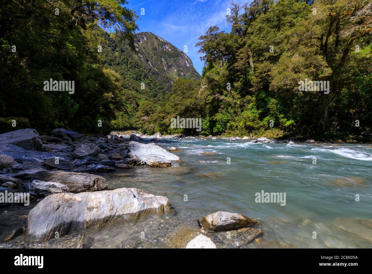 Der Haast River im Haast Pass am Wegelauf des Brewster Track. Mount Aspiring National Park, Südinsel, Neuseeland. Stockfoto