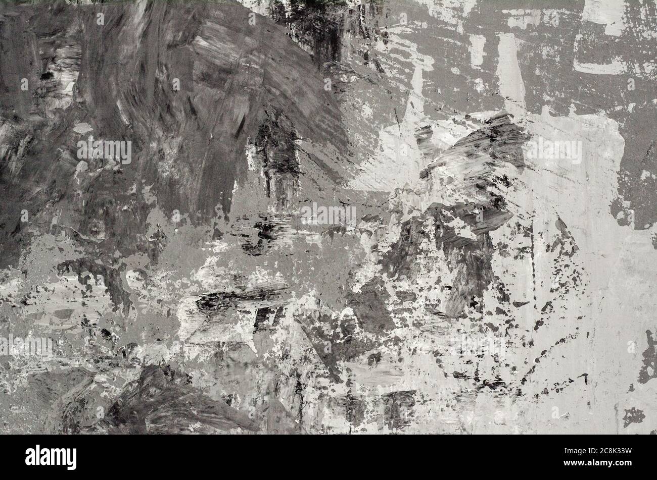 Hintergrund der Wand ist mit weißen und grauen Farben, chaotische Malerei mit Fassadenfarben, Müll Hintergrund gemalt. Stockfoto