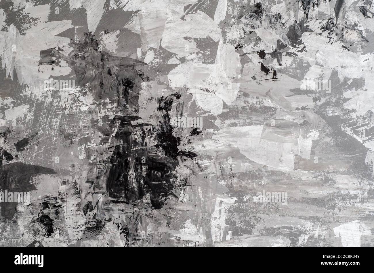Hintergrund der Wand ist mit weißen und grauen Farben, chaotische Malerei mit Fassadenfarben, Müll Hintergrund gemalt. Stockfoto
