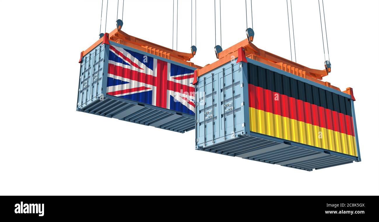 Frachtcontainer mit britischer und deutscher Flagge. 3D-Rendering Stockfoto