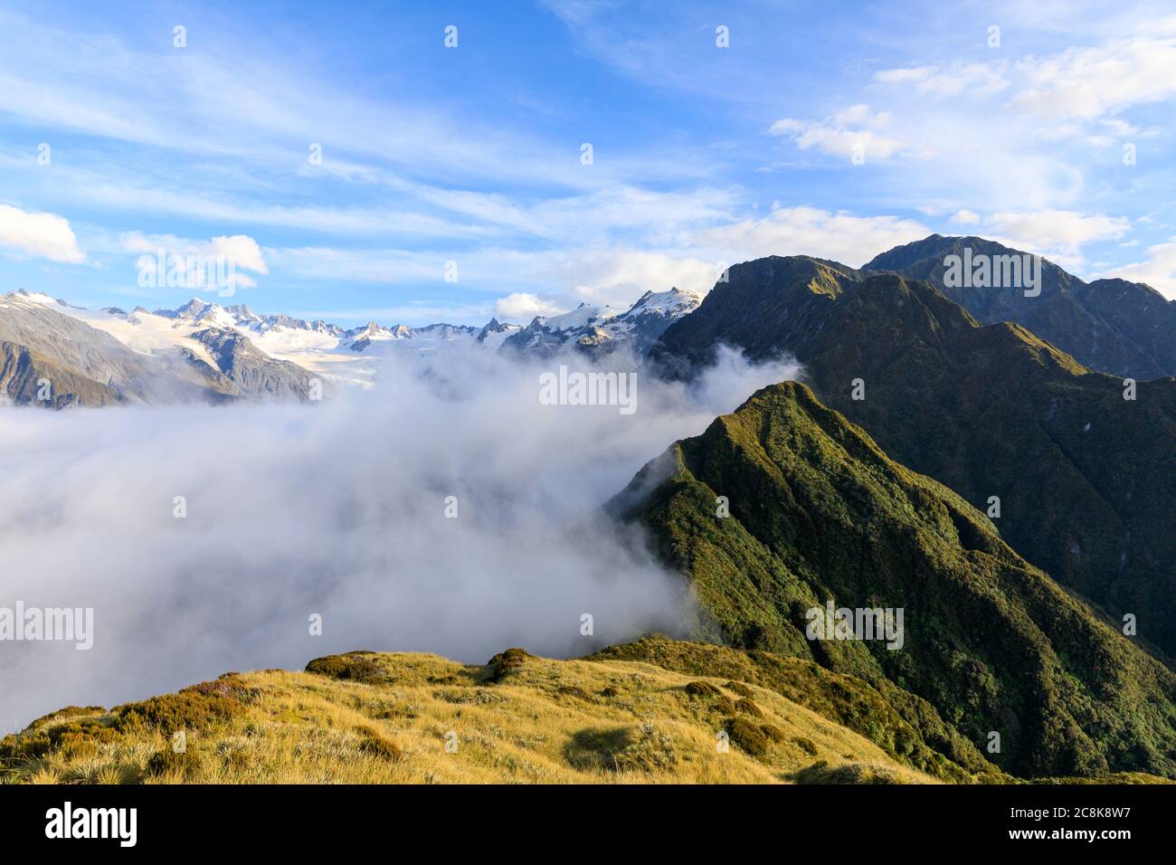 Berggipfel in Franz Josef, die sich über eine Wolkeninversion aus der Sicht des Gipfels von Alex Knob erheben. Franz Josef Gletscher, Südinsel, Neuseeland. Stockfoto