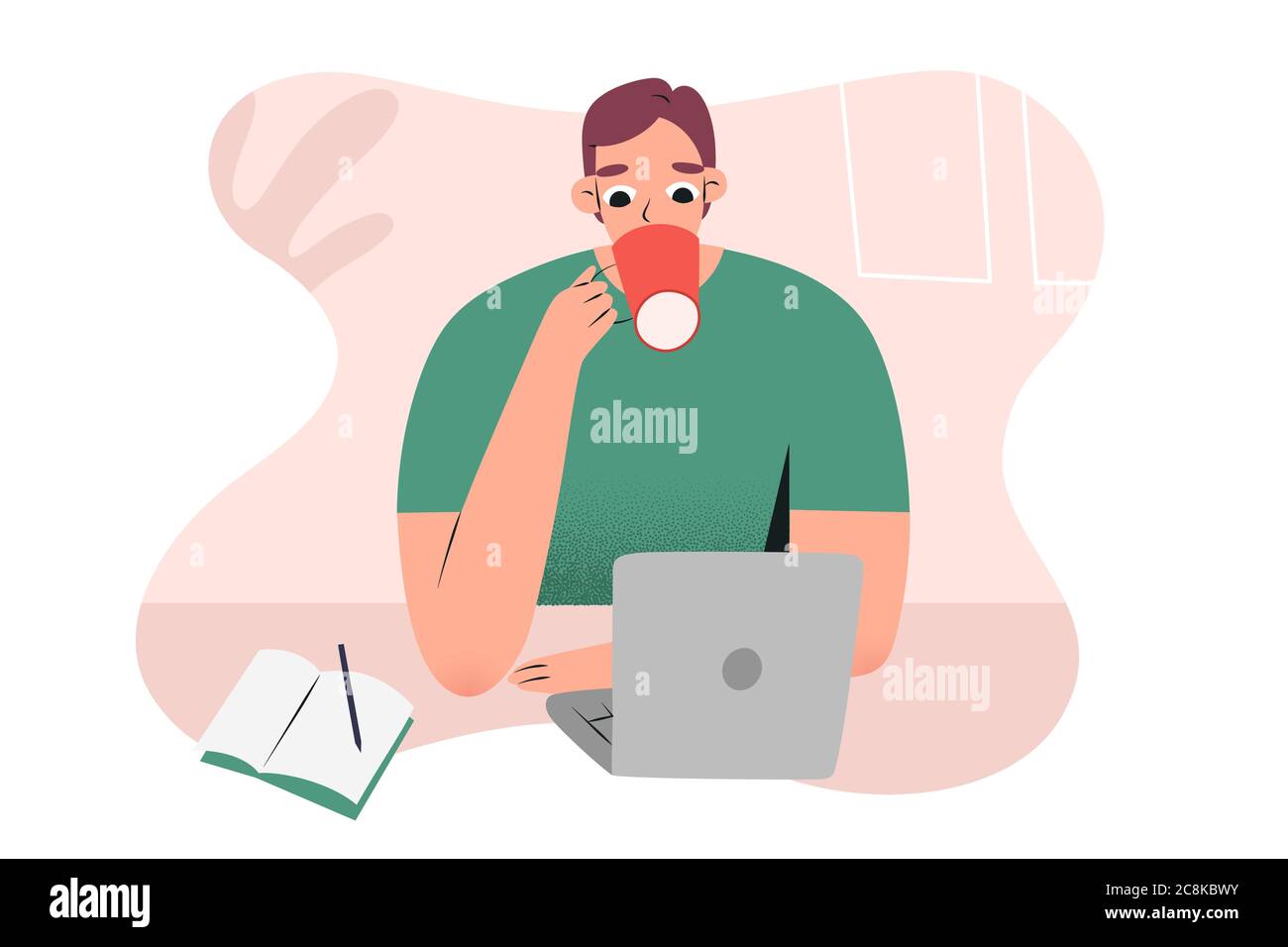 Junger Mann, der von zu Hause oder Café mit Notebook, Laptop, trinken seinen Kaffee, Notizen, kaukasischen Kerl Charakter, Vektor-Illustration, Konzept Stock Vektor