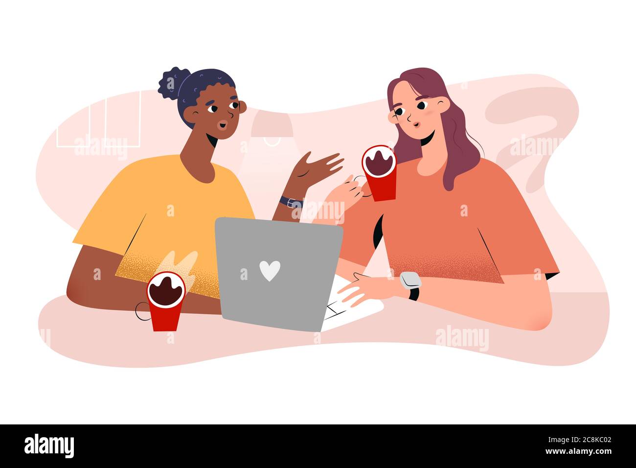 Junge Frau arbeitet zusammen in einem Café mit Laptop trinken Kaffee, diskutieren ihren Job, Konzept der Teamarbeit und Freiberufler kaukasischen und afrikanischen Stock Vektor