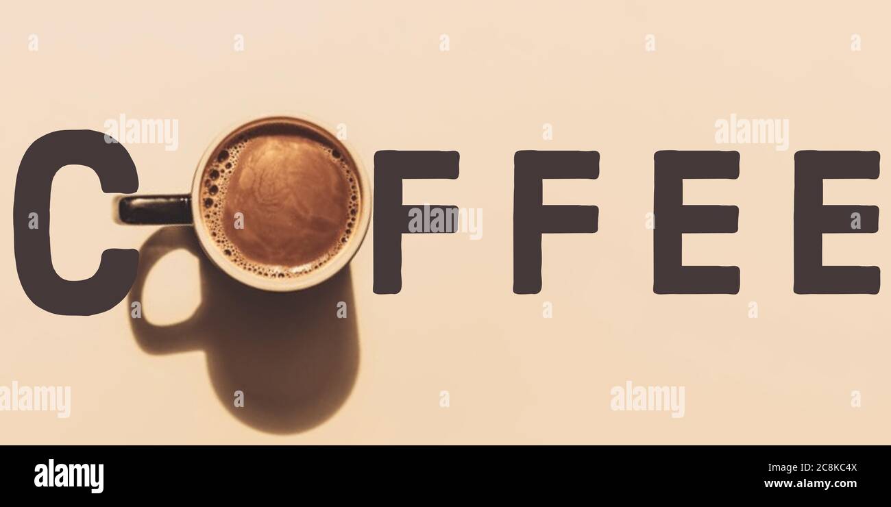 Kaffee Illustration mit Kaffee Tasse Bild. Kaffeerendering. Kaffeetassenbanner für Coffee Shop. Kaffeebanner für Coffee Shop. Stockfoto