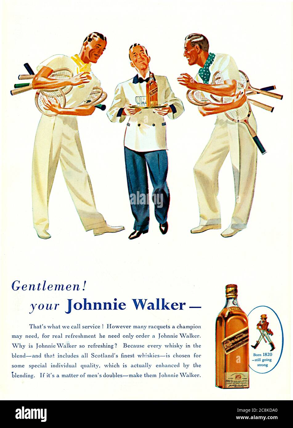Johnnie Walker Tennis, 1939 Zeitschriftenwerbung für den Scotch Whisky, definitiv der ideale Service für Doppel Stockfoto