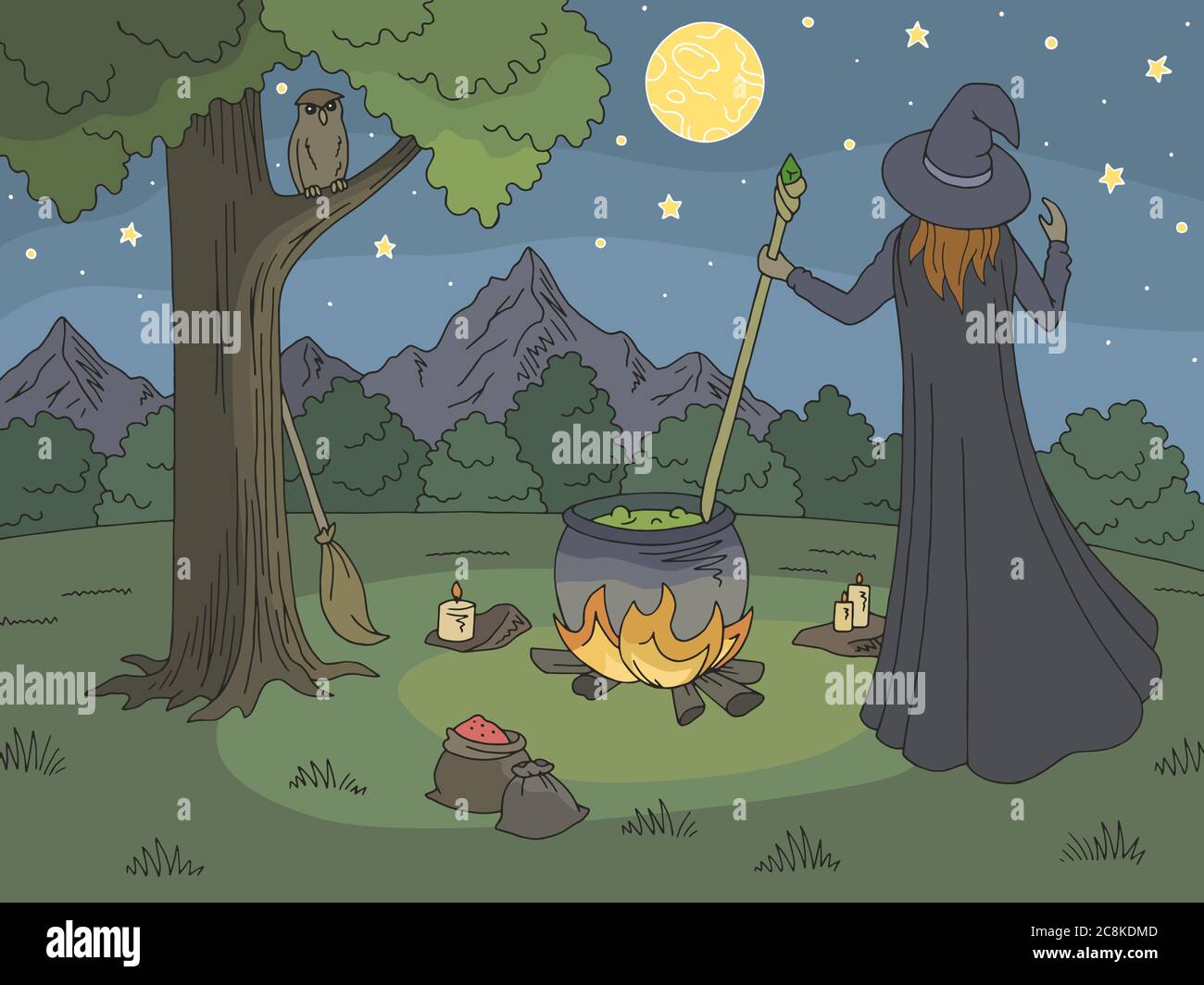 Witch beschwört. Berg Grafik Farbe Landschaft Skizze Illustration Vektor Stock Vektor