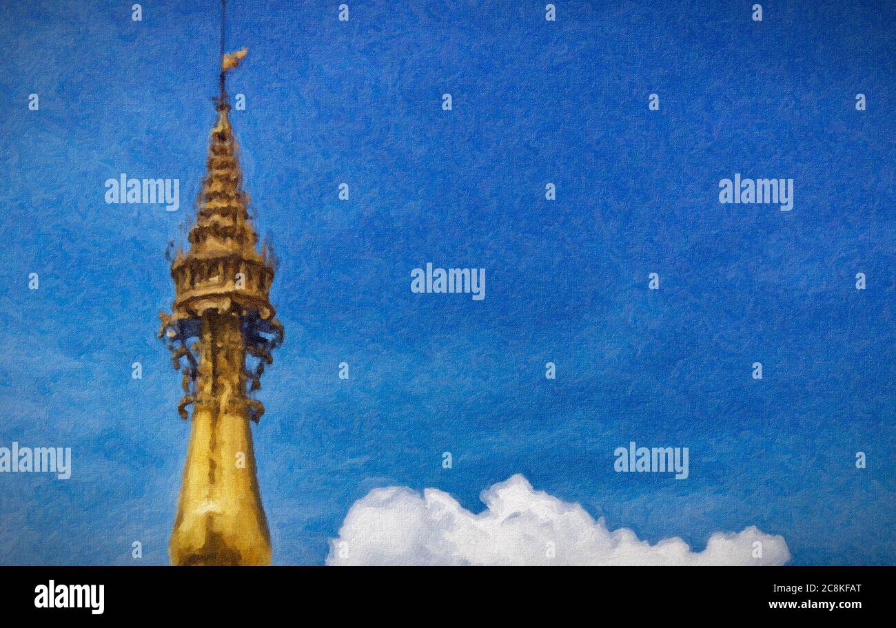 Digital Effect impasto Malerei der Spitze der Shwedagon Pagode mit Turban, Regenschirm gegen den tiefblauen Himmel Stockfoto