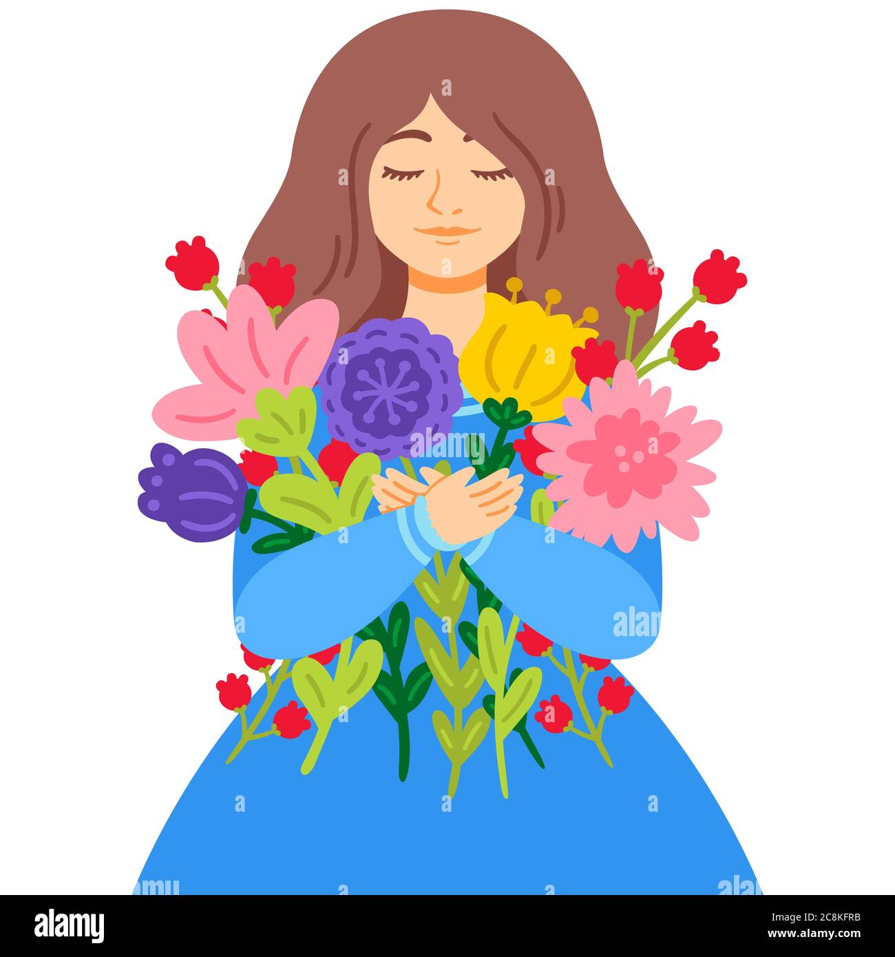 Frau in einem blauen Kleid mit einem Blumenstrauß. Muttertag. 8. März Internationale Frauentag Grußkarte Konzept. Vektordarstellung isoliert ein Stock Vektor