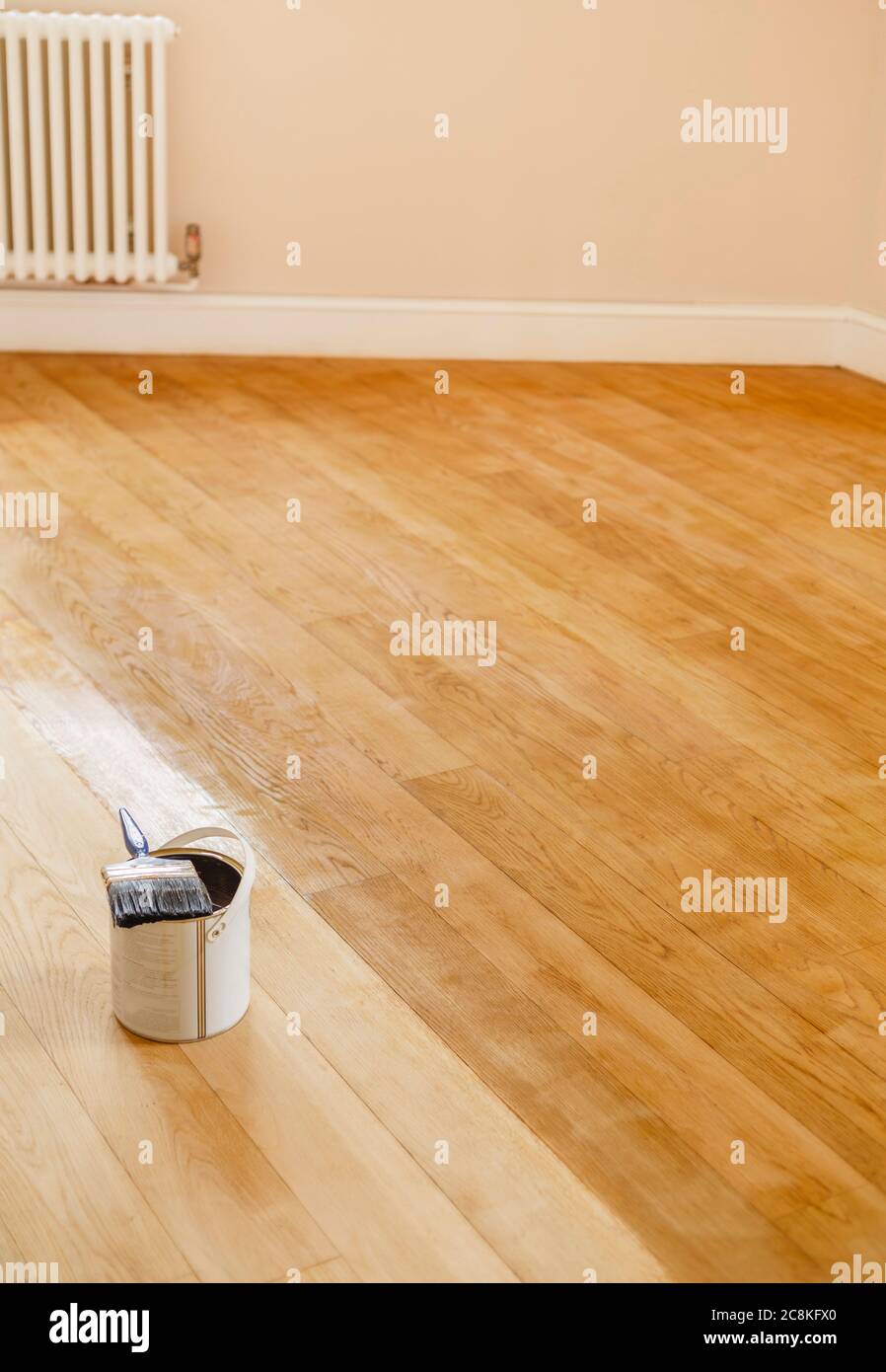 Schleifen und Färben eines Holzbodens in einem Raum, Großbritannien Stockfoto