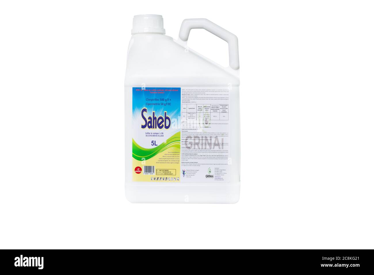 Moldawien, Tiraspol - 14. Mai 2019: Pflanzenschutzmittel, Insektizide - Saheb. Isolieren auf weißem Hintergrund. Stockfoto