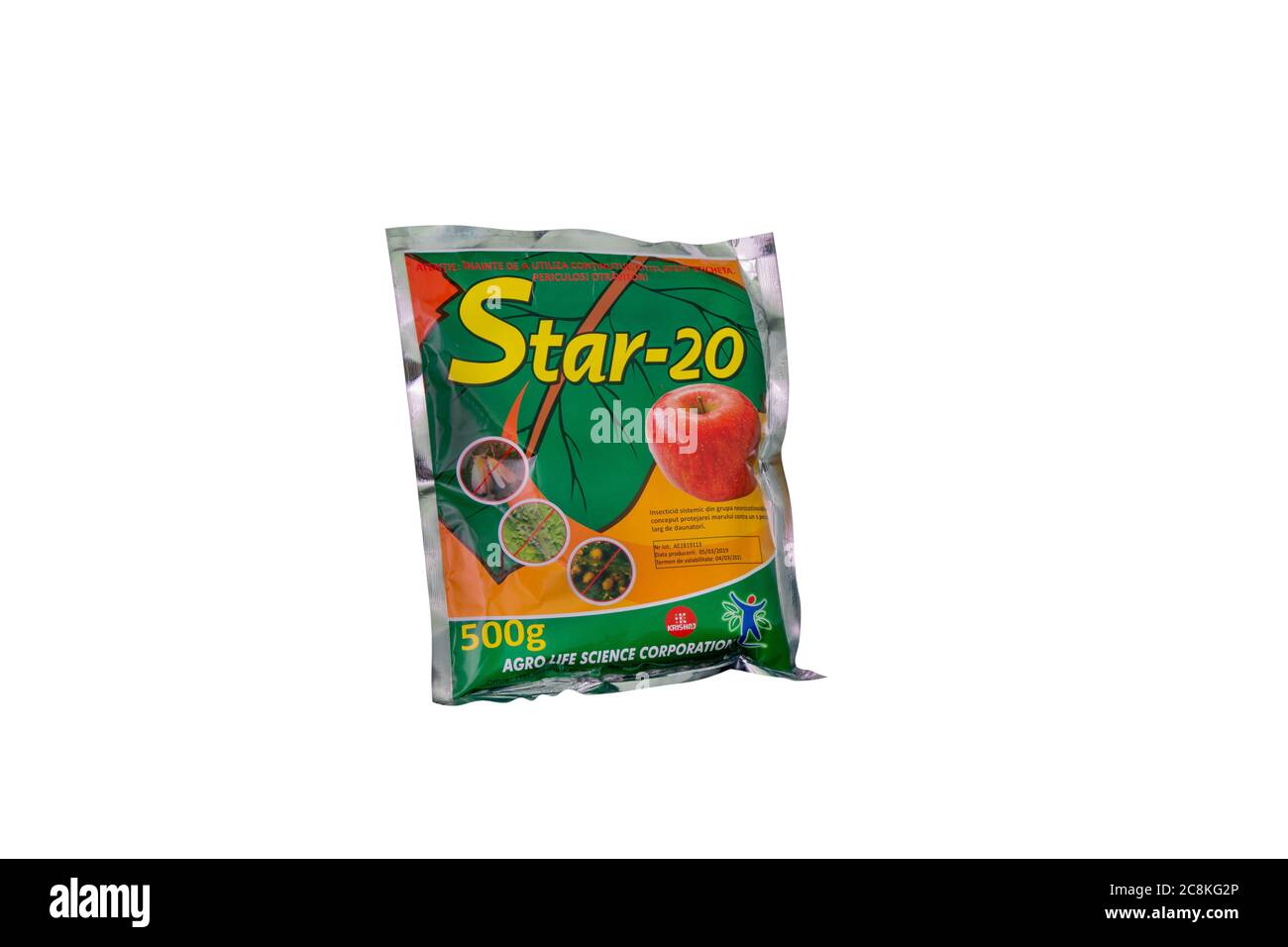 Moldawien, Tiraspol - 14. Mai 2019: Pflanzenschutzmittel, Insektizide - Star 20 (Mospilan). Isolieren auf weißem Hintergrund. Stockfoto