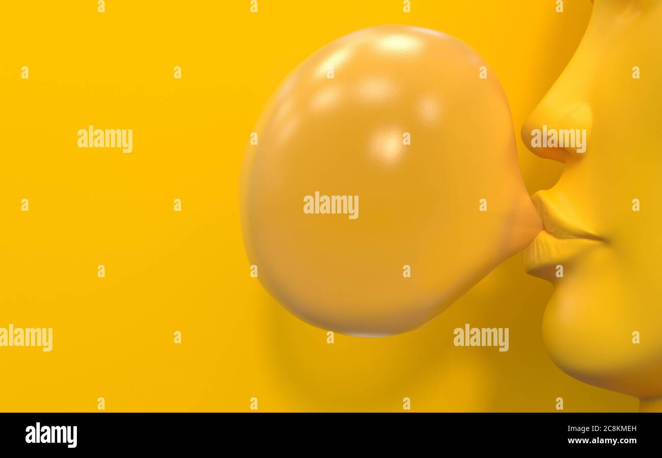 Eine gelbe Schaufensterpuppe mit einem weiblichen Gesicht bläst eine Blase aus Kaugummi auf. Gelbes Kaugummi auf gelbem Hintergrund. Kreative konzeptuelle Illustration Witz Stockfoto