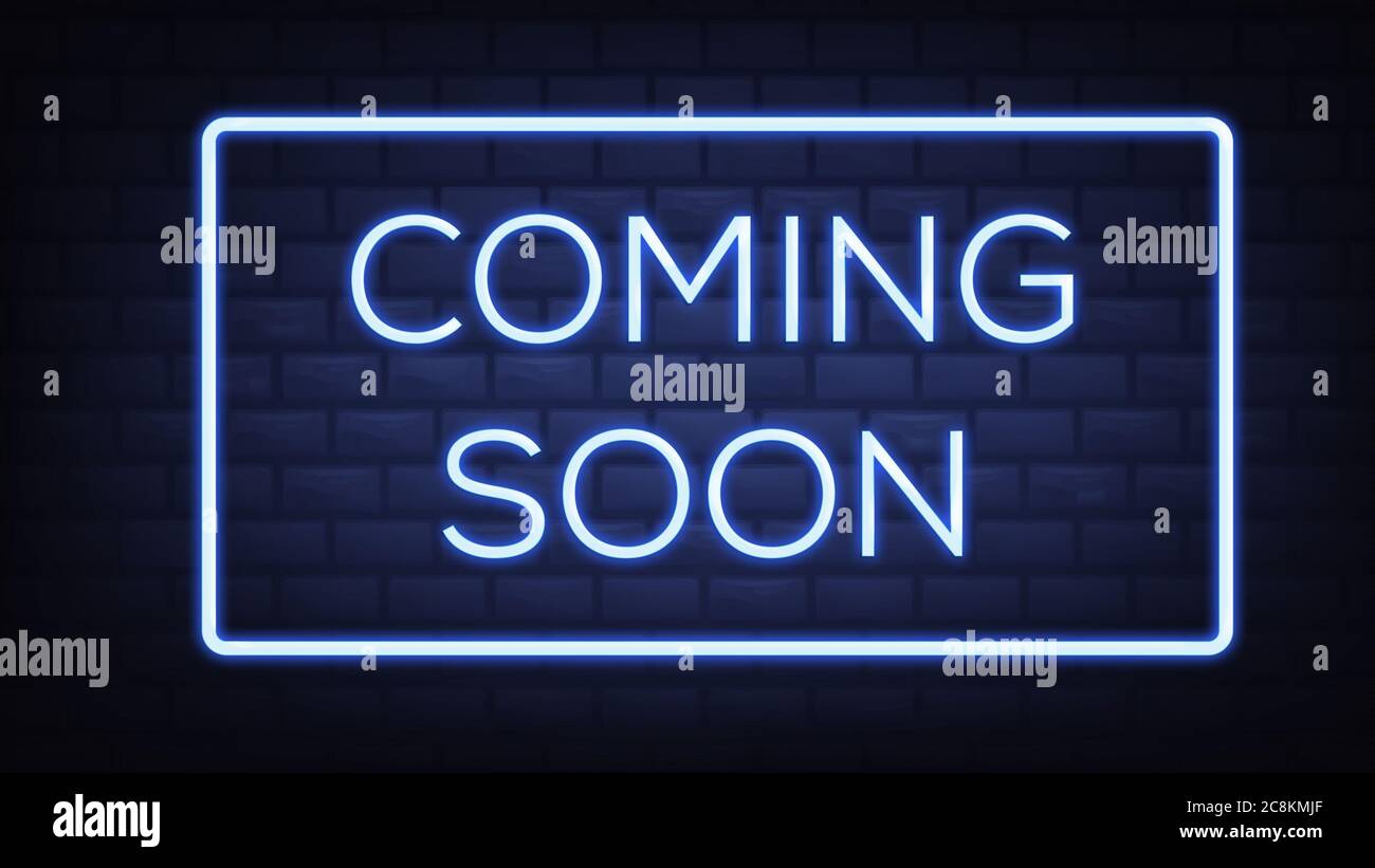 Demnächst Neon-Zeichen bald kommt Abzeichen im Neon-Stil, Design-Element, Lichtbanner, Ankündigung Neon-Schild, Nacht advensing.Illustration. Bearbeiten Stockfoto