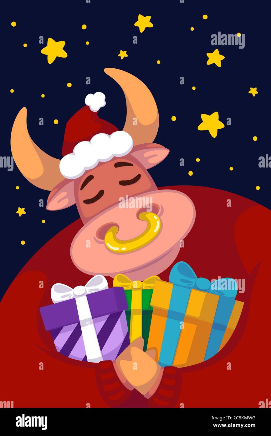 Stier in einem weihnachtsmütze und einem roten Pullover mit Geschenken vor dem Hintergrund des Sternenhimmels. Jahr des Ochsen. Happy Cow. Neujahr und frohe weihnachten krank Stock Vektor