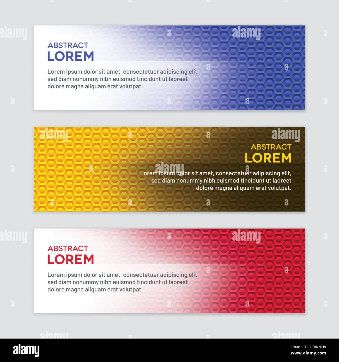 Bunte Farbverläufe mit perforierten sechseckigen Mustern. Horizontales Wabenbanner-Set. Stock Vektor