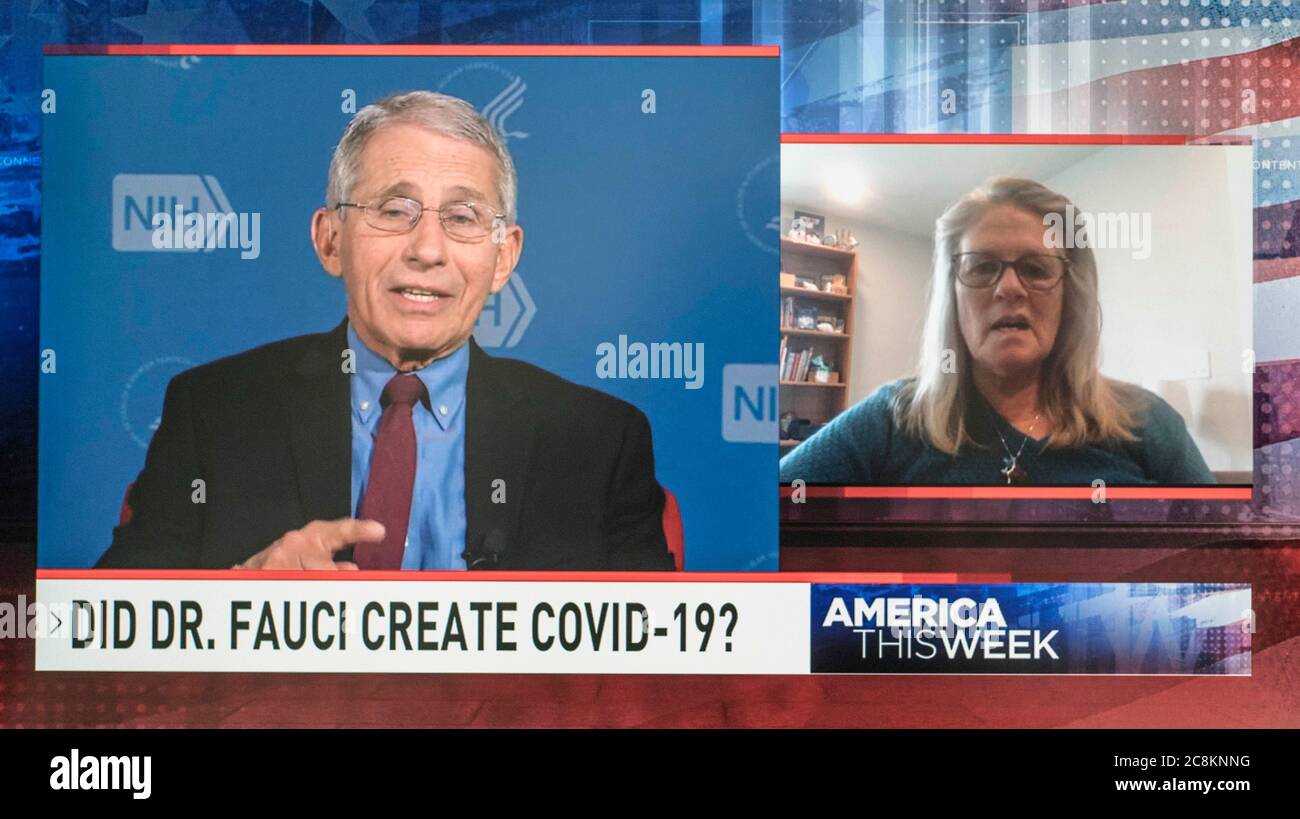 25. Juli 2020 - Washington, District of Columbia, USA - EIN Bildschirmausschnappung der Sinclair Broadcasting Group Show, 'America This Week', veranstaltet von ERIC BOLLING. Die Show wird ein Segment an diesem Wochenende auf seinen fast 300 tv-Stationen in den USA, in denen umstrittenen Virologen JUDY MIKOVITS behauptet, dass Dr. Anthony Fauci, der Direktor des National Institute for Allergy and Infectious Diseases, war in der Herstellung des Virus, das COVID-19 verursacht beteiligt. "Ich glaube, Dr. Anthony Fauci hat das Coronavirus in Monkezellen hergestellt und sie verschifft und dafür bezahlt, um zu versenden Stockfoto