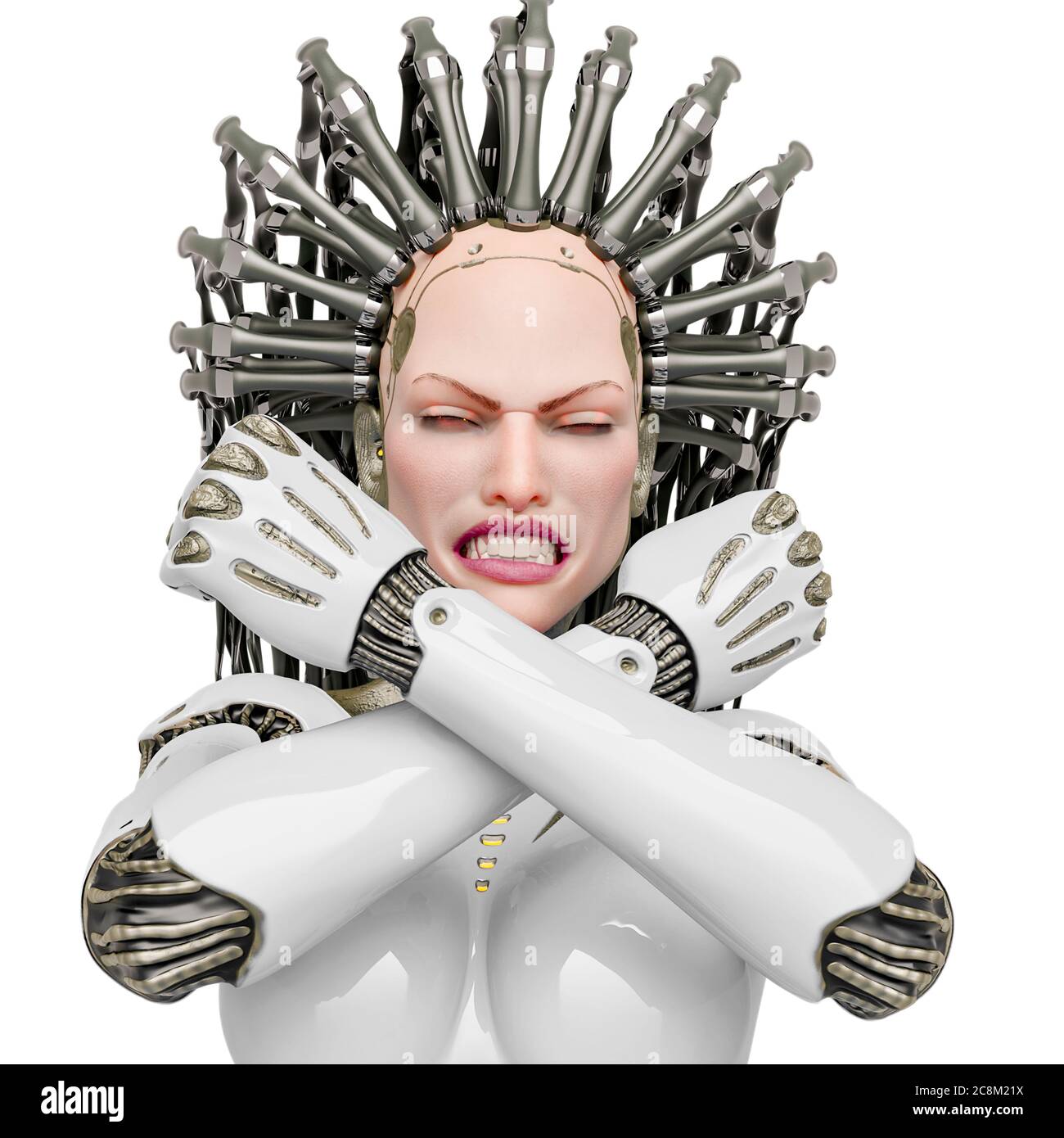 Super Cyborg ist wütend und das Gefühl bereit für Krieg Nahaufnahme, 3d-Illustration Stockfoto