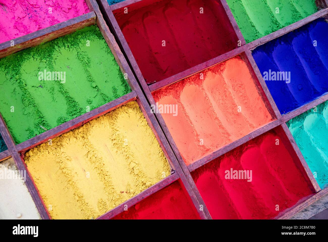 Pigmente verschiedener Pulverfarben für das holi Colourful Festival Stockfoto