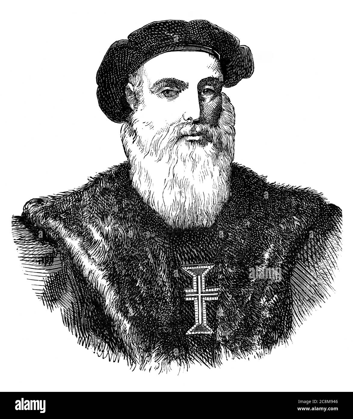 Ein graviertes Illustrationsportrait des portugiesischen Entdeckers Vasco De Gama von Portugal aus einem viktorianischen Buch von 1877, das nicht mehr urheberrechtlich geschützt ist Stockfoto