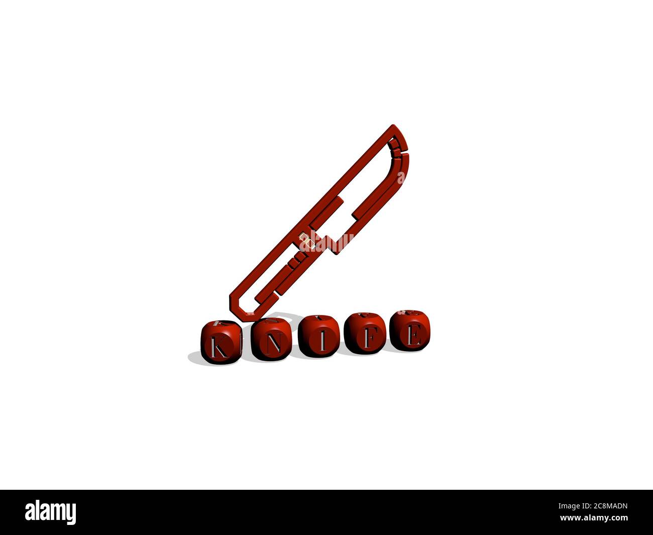 3D-Illustration von Messer-Grafiken und Text von metallischen Würfel Buchstaben für die damit verbundenen Bedeutungen des Konzepts und Präsentationen. Hintergrund und Gabel Stockfoto