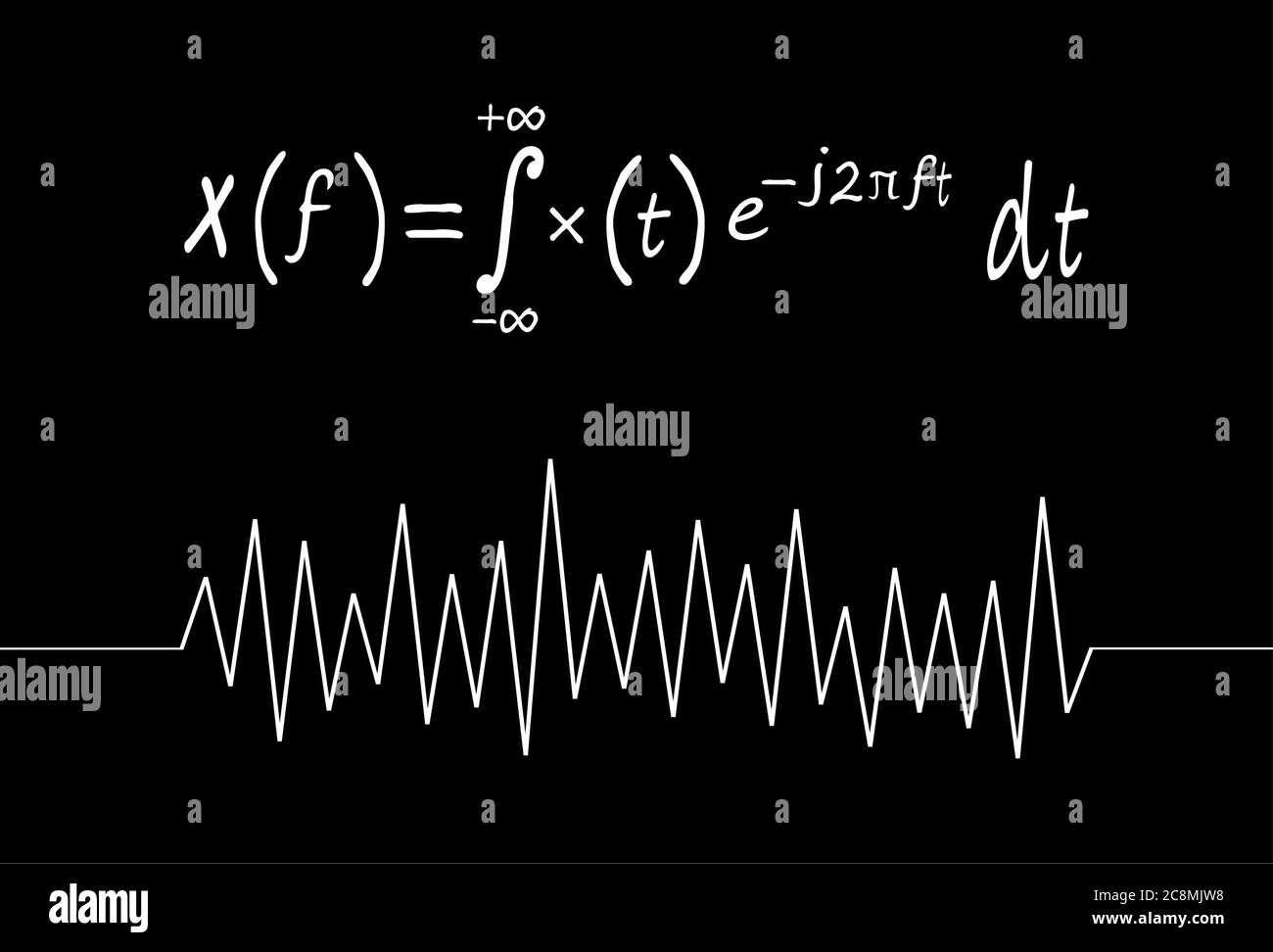 Fourier transformieren Formel und Vibrationszeichnung mit Handschrift auf Kreidetafel. Stockfoto