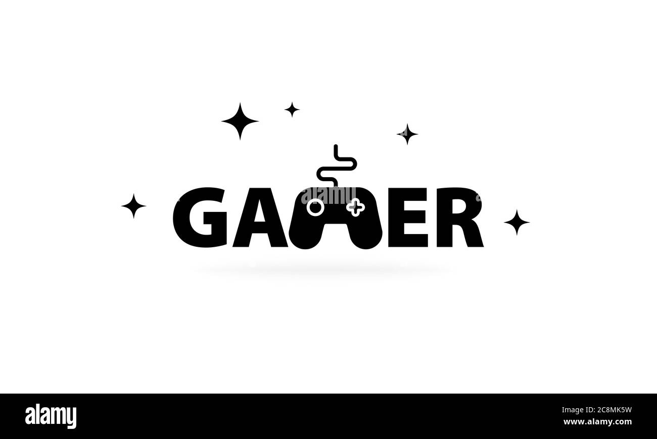 Gamer-Text mit schwarzem Controller. Symbol. Vektor auf isoliertem weißem Hintergrund. EPS 10 Stock Vektor