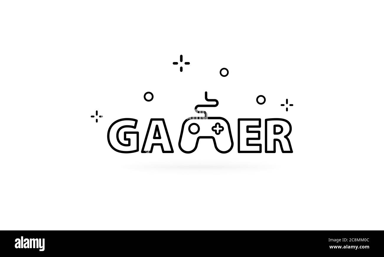 Gamer-Text mit schwarzem Controller. Symbolzeile. Vektor auf isoliertem weißem Hintergrund. EPS 10 Stock Vektor
