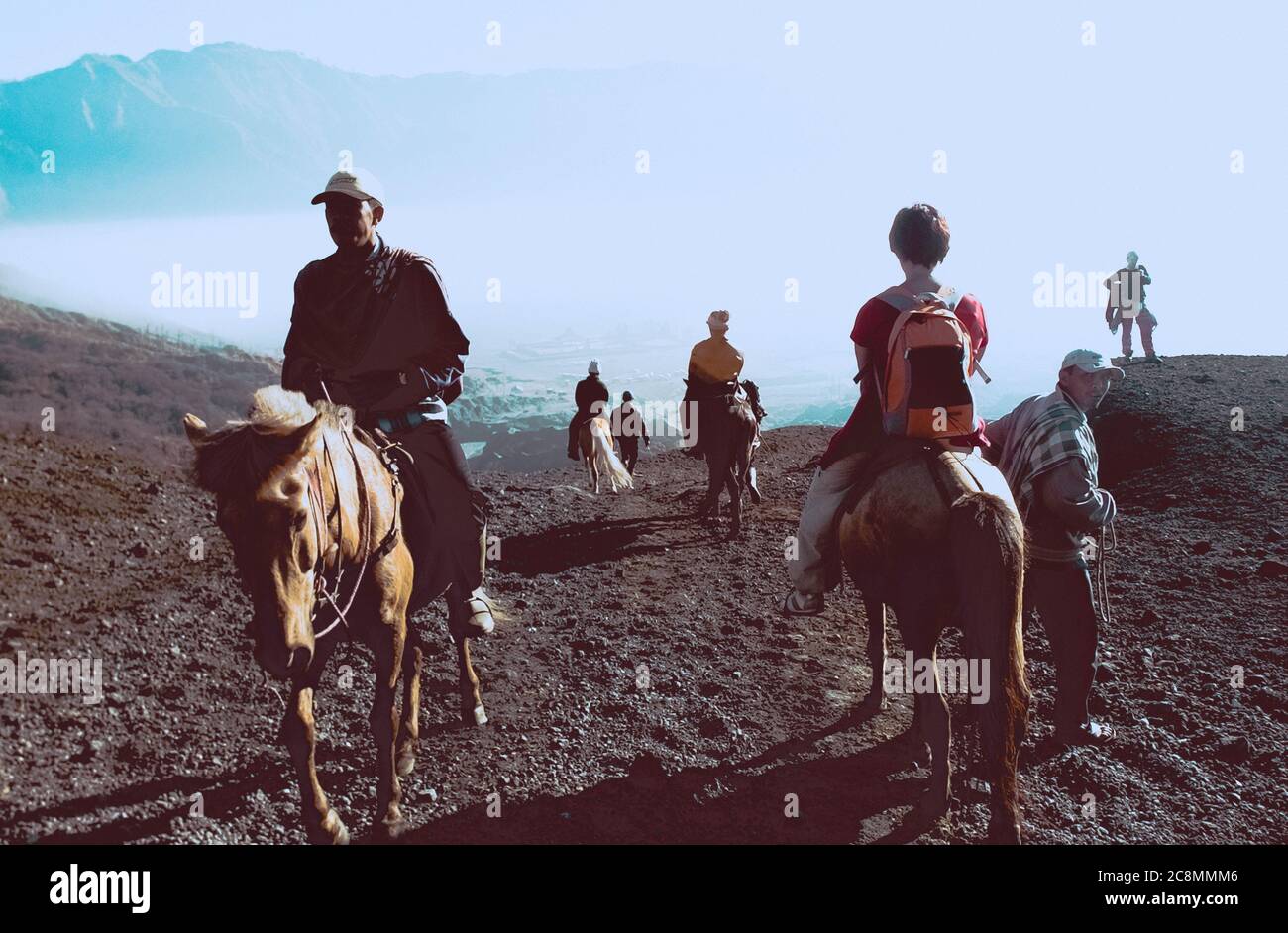 Pferd ist der Haupttransport für Touristen, die Savana, Mount Bromo, Ost-Java, Indonesien am 13. Juli 2004 besuchen Stockfoto