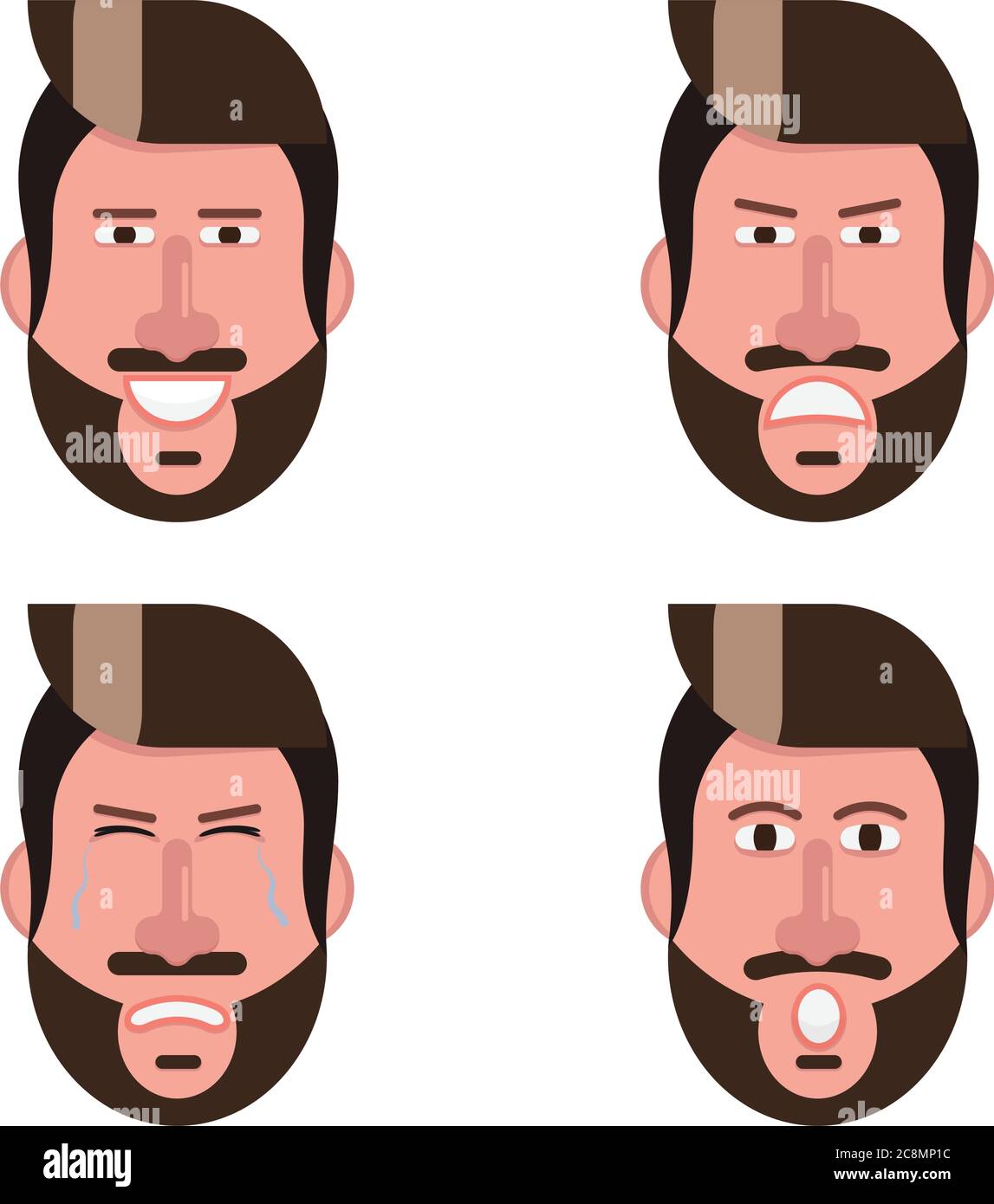 Glücklich, traurig, wütend und überrascht Emotionen setzen Person Symbol Mann Gesicht mit Schnurrbart und Bart flach Design Vektor Illustration Stock Vektor
