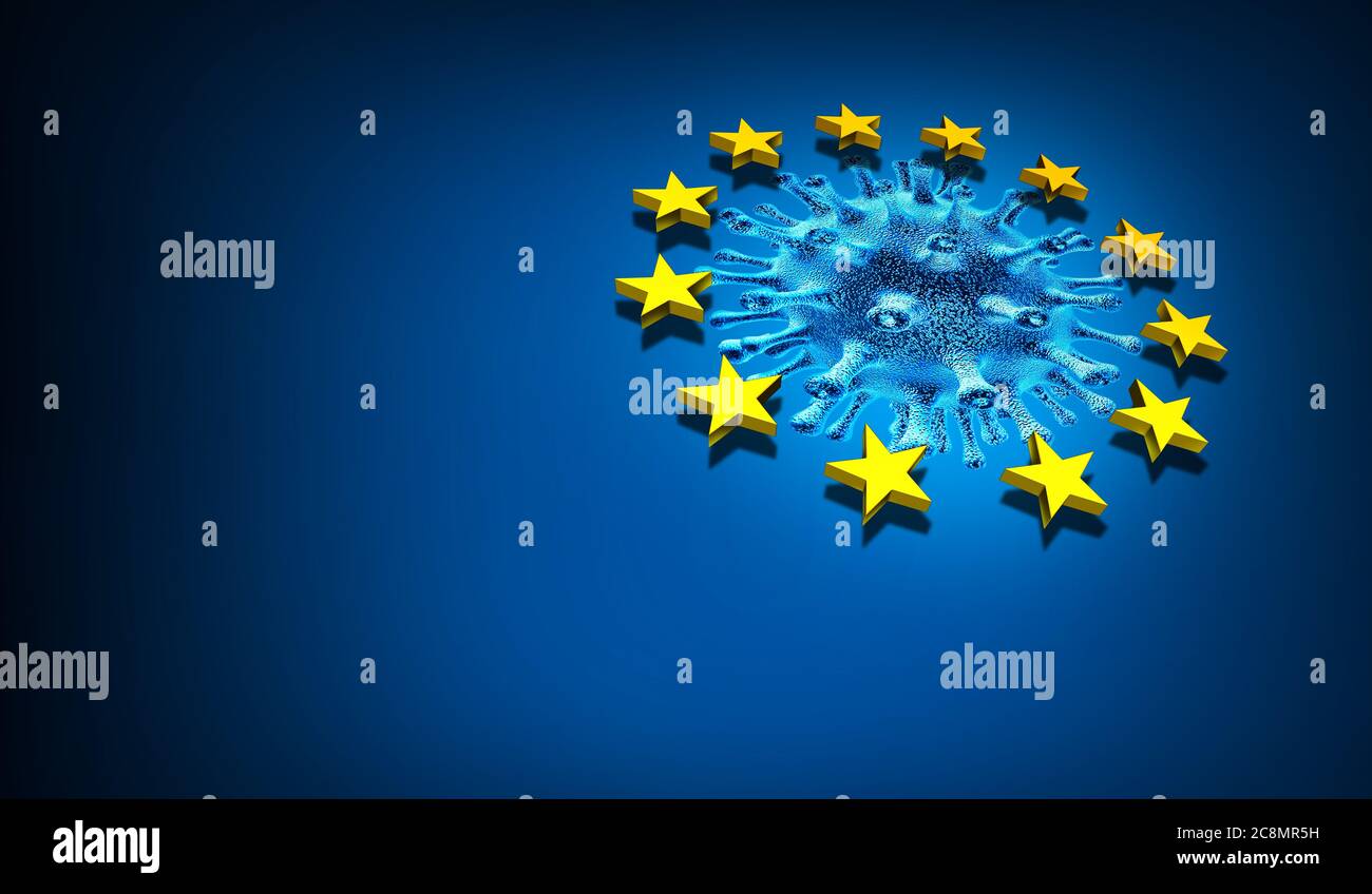 EU-Krankheit und Europa oder EU-Pandemie als Coronavirus oder covid-19 in Frankreich Deutschland Italien und England als 3D-Render. Stockfoto