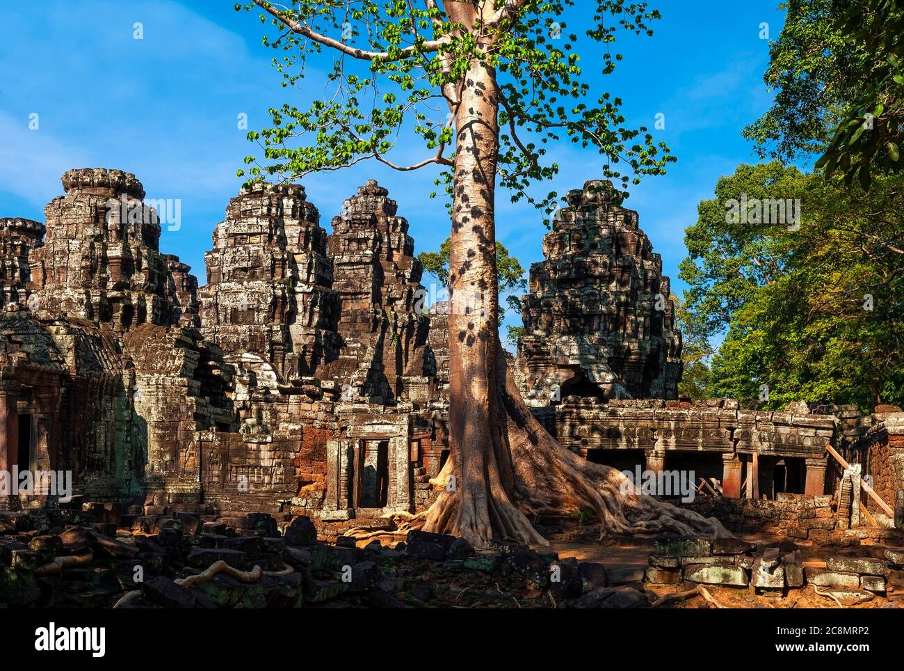 Stadtbild der Preah Khan Ruine bei Sonnenuntergang in der Region Angkor, Siem Reap, Kambodscha. Stockfoto