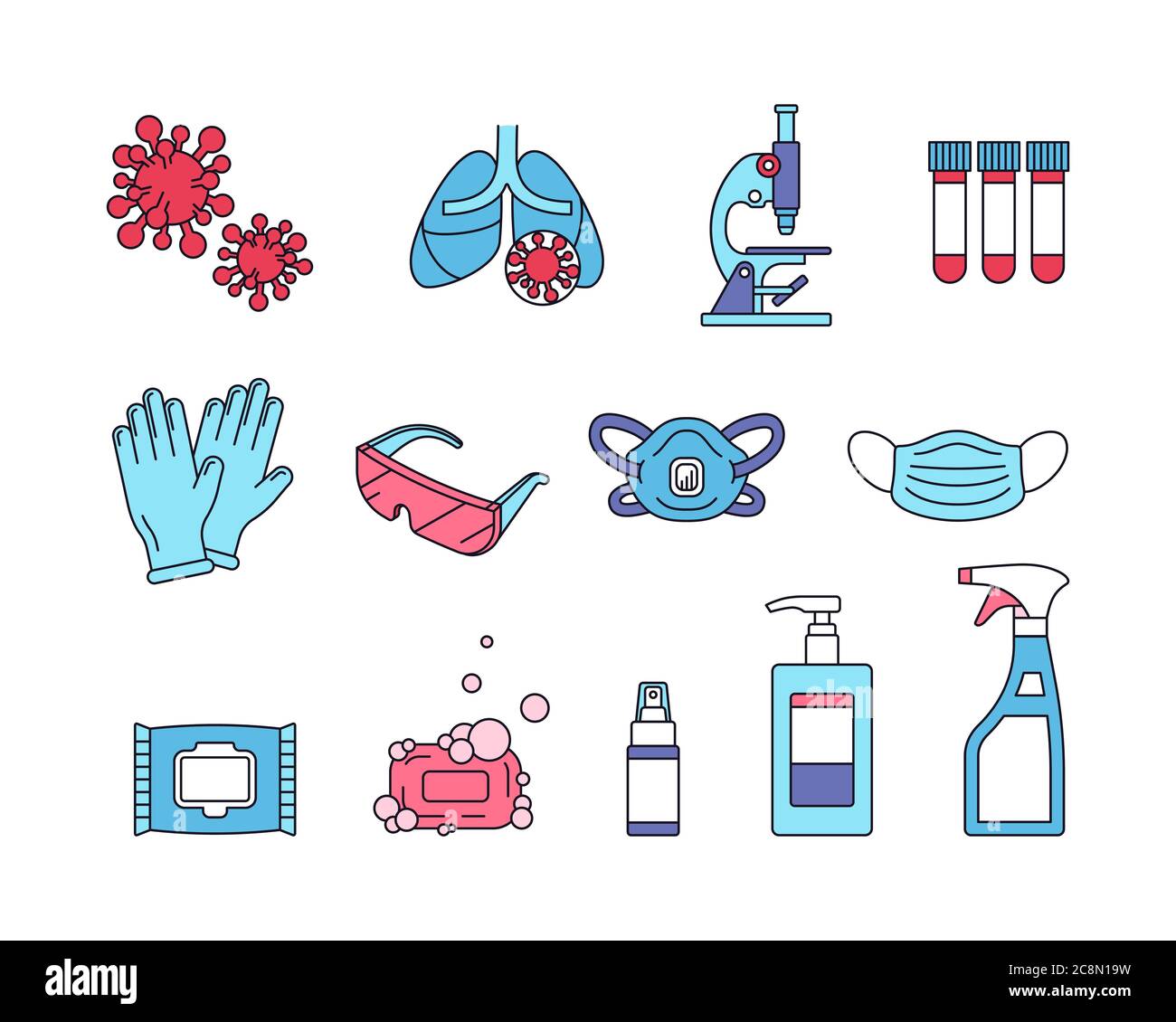 Coronavirus Element Set, Covid-19 Icons Kollektion im modernen Linienstil Stock Vektor