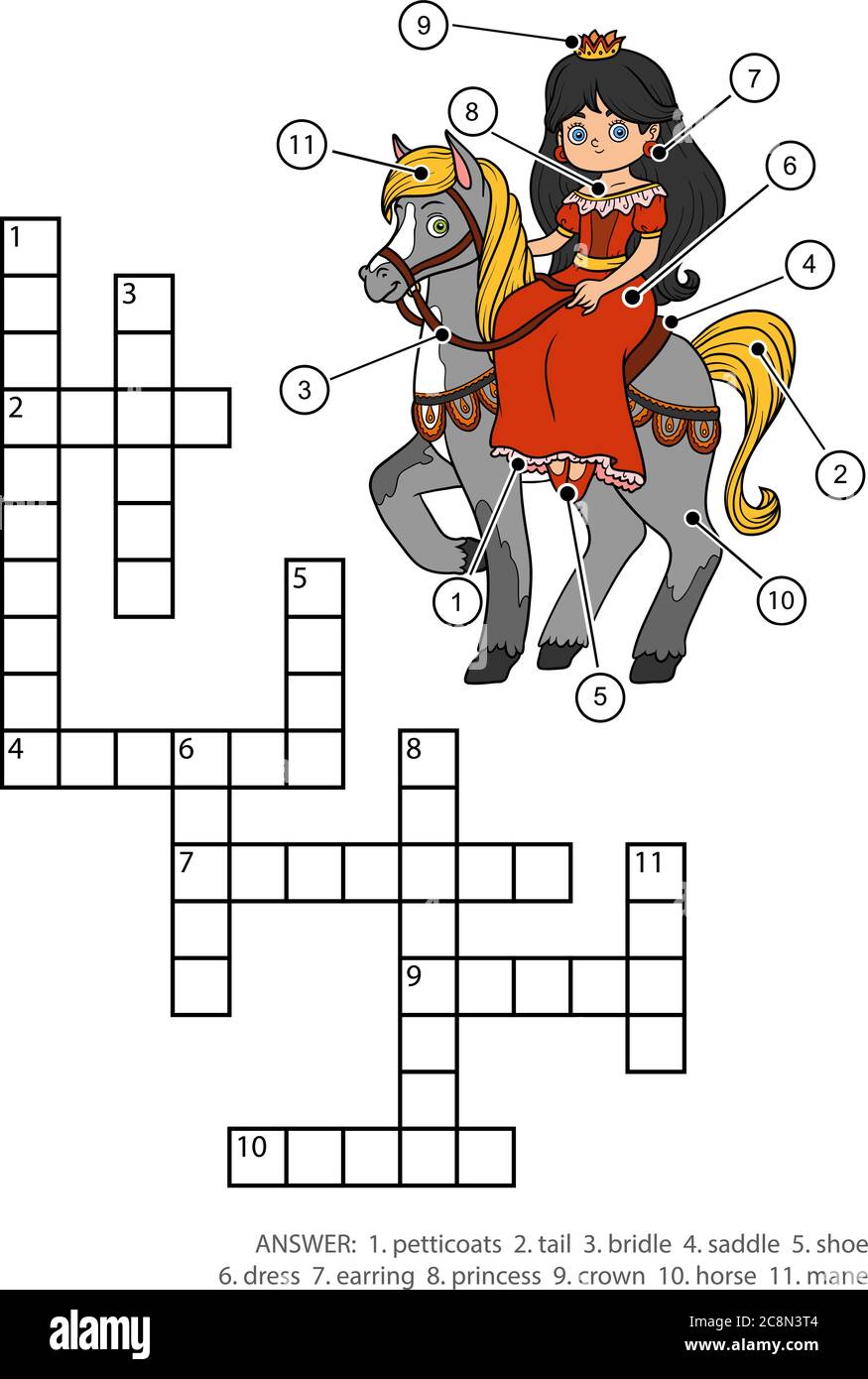 Vektor Farbe Kreuzworträtsel, Bildung Spiel für Kinder. Prinzessin und Pferd Stock Vektor