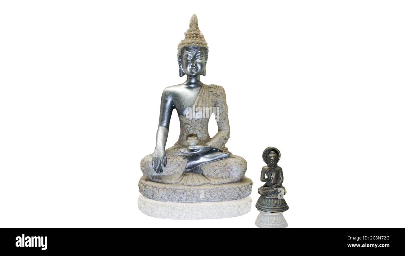 Weißer Marmor Antike tibetische Buddha Skulptur Ornament Natur Stein Schnitzerei Jade Statue Skulptur Religion Skulptur Bodhisattva. Weißer Hintergrund. Stockfoto