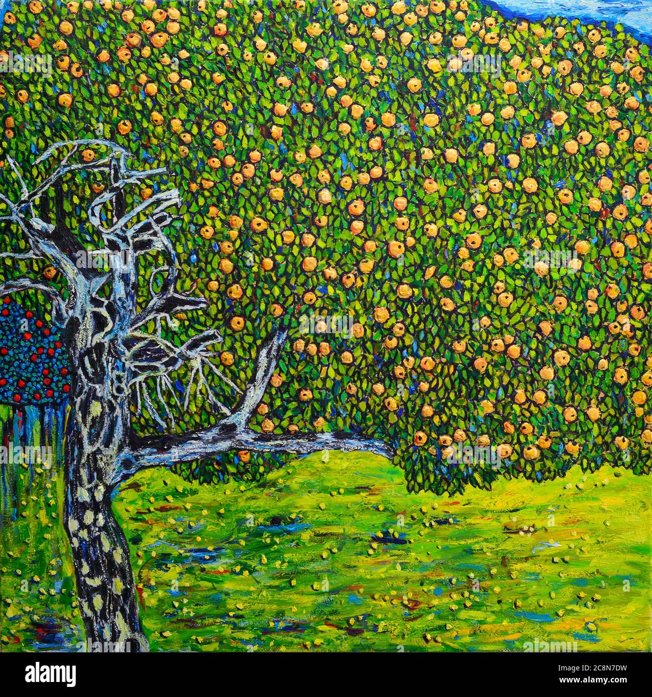 Schöne Ölgemälde Apfelbaum. Die freie Kopie basiert auf einer Fotowiedergabe eines wunderbaren Gemäldes von Gustav Klimt -der Goldene Apfelbaum- das war Stockfoto
