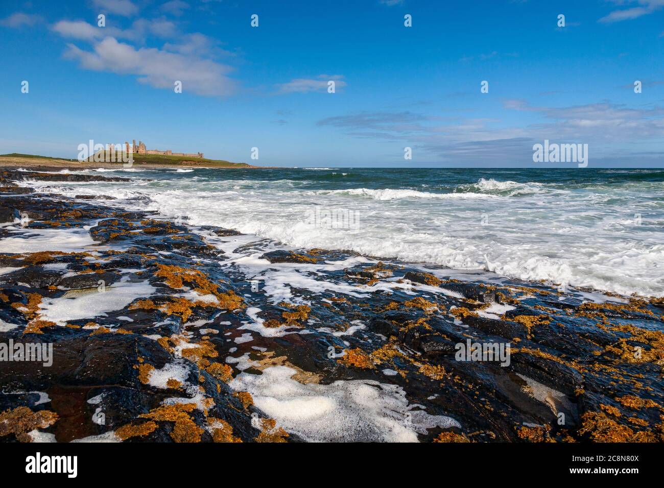 Wellen brechen auf den schwarzen Igneous Felsen bei Dunstanburgh Castle, Northumberland, England Stockfoto