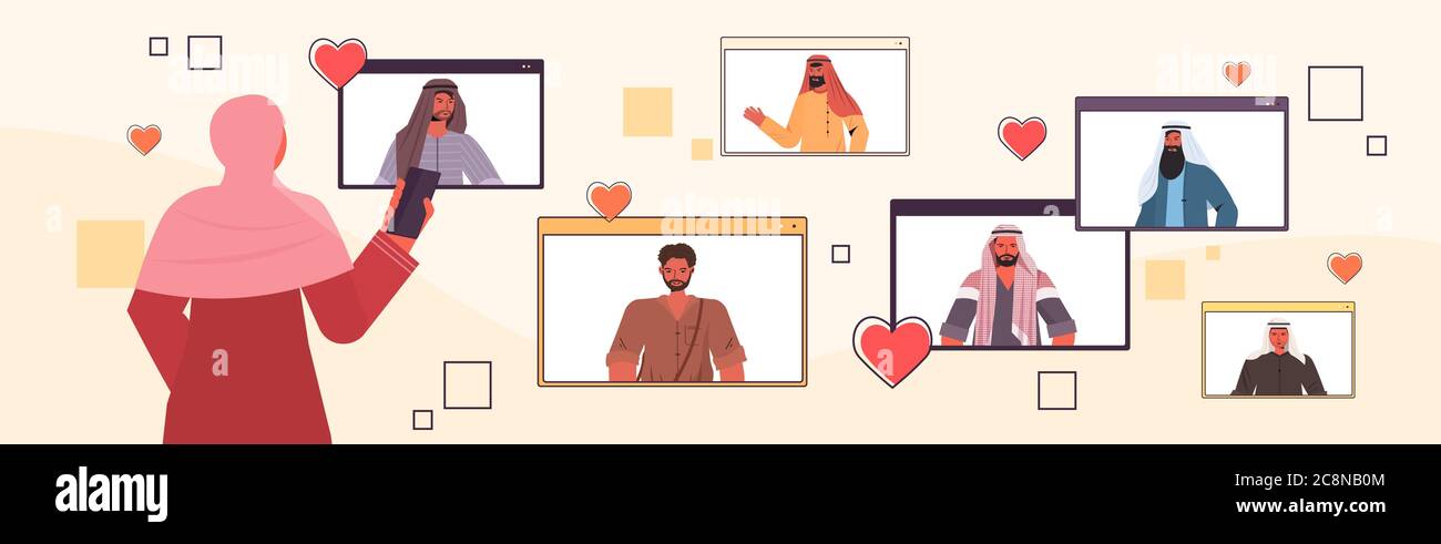 arabische Frau mit Smartphone chatten mit Mix-Rennen Männer in online-Dating-App Web-Browser-Fenster soziale Beziehung Konzept horizontale Porträt Vektor Illustration Stock Vektor