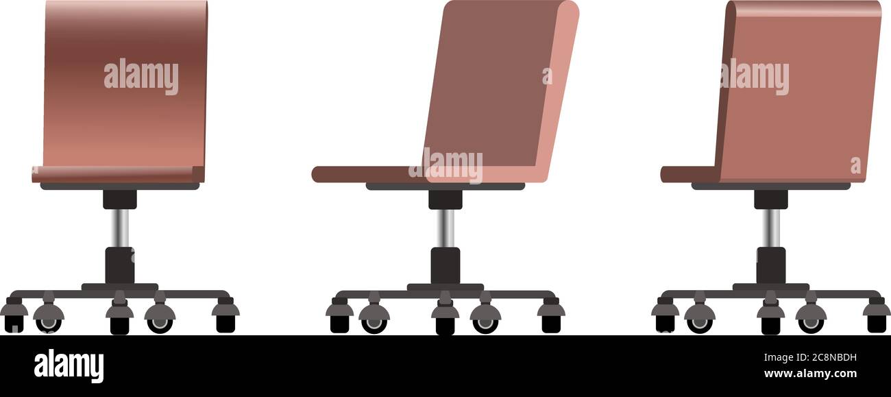 Set von trendigen Vektor flach 3d Büro modernen Computer-Stuhl in einem flachen Stil mit braunen Lederfarben, vorne, seitlich und hinten Stühle Blick. Büroac Stock Vektor